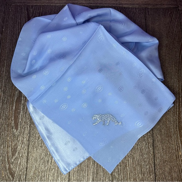 CartierSilk Blue Panther Embroidered Embossed Scarf in Original Package